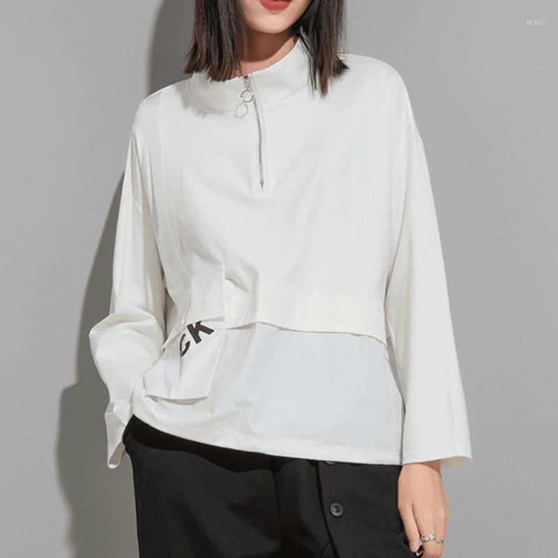 

Women's Sweaters XUXI 2022 Spring Autumn Draw-Back Thin Pullover Hoodie Women Zipper Splicing Long Sleeve Letter Printing Irregular Top, White