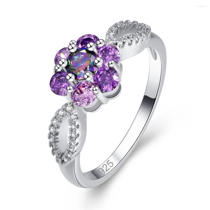 

Wedding Rings Elegant Rainbow Topaz Floral Emerald Ladies Fashion Zircon Bridal Engagement Jewelry