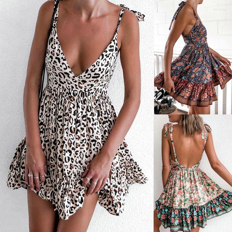 

Casual Dresses 2022 Summer Women' Dress Suspender Lace Up V-Neck Mini Sexy Open Back Print Women, Leopard print