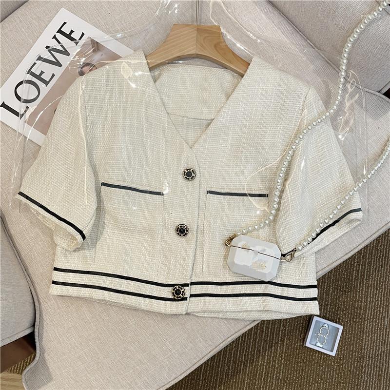 

Women' Jackets Korean Vintage Women Single-breasted Coat Summer Short Sleeve V-neck Tweed Chic Ladies Fashion Jacket Tops Femme 2022, Rice apricot