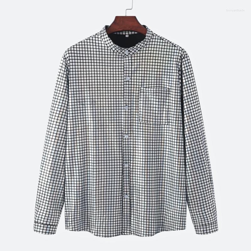 

Men' Casual Shirts Men' LUCLESAM Men Fashion Plaid Print Dress Shirt Mens Long Sleeve Henry Collar Blouse Stage Costumes Party Disco, Tuse