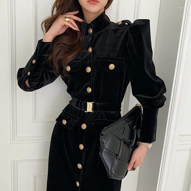 

Casual Dresses Korean Elegant Temperament Stand-up Collar Chic Single-breasted Waist And Thin Tooling Velvet Dress Long Skirt Female Send, Black