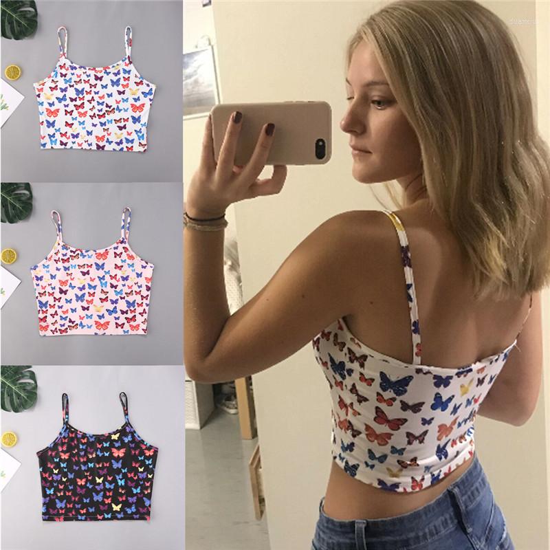 

Women' Tanks Butterfly Print Summer Sexy Women Vest Crop Tops Clubwear Sleeveless Strap Bustier Top Casual Tank 2022, Black