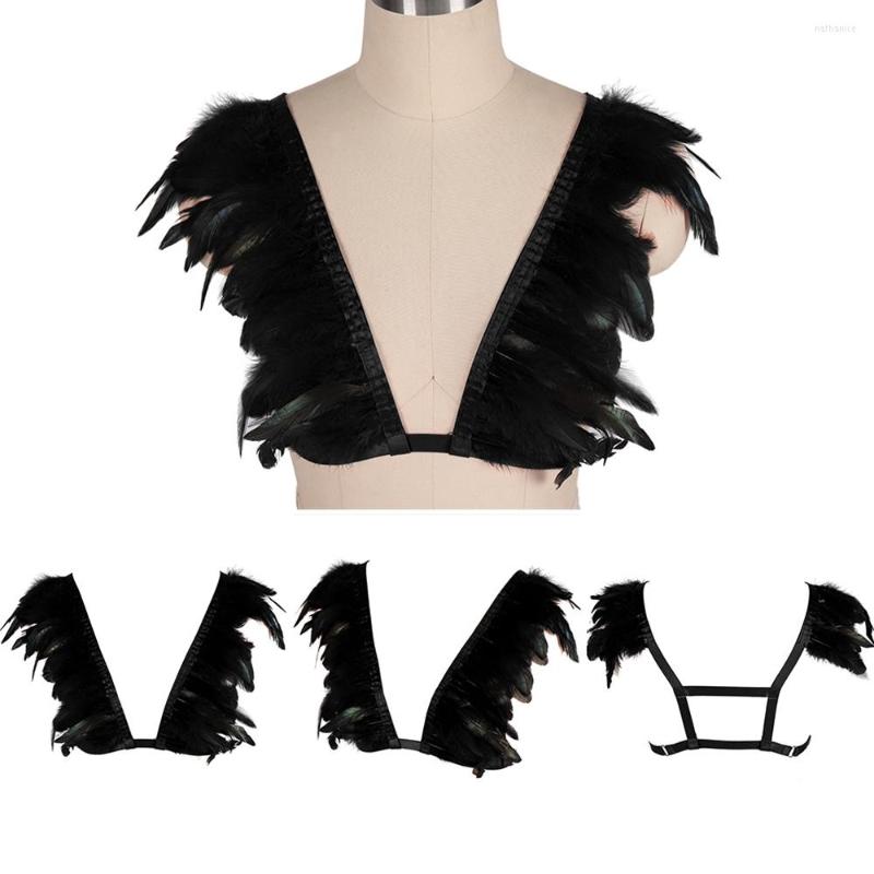 

Garters Halloween Carnival Black Feather Top Crops Harness For Women Cage With Garter Body Bondage Belts Goth Sexy Lingerie Suspender, White