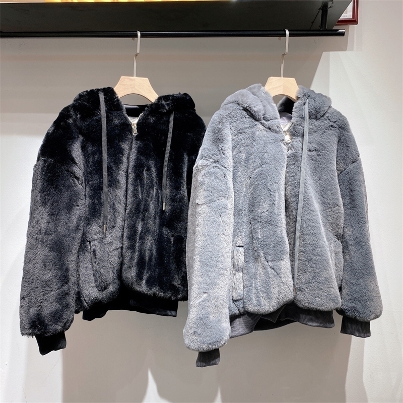 

Women  Fur Faux clothing autumn and winter hooded bear ear coat 221010, Black