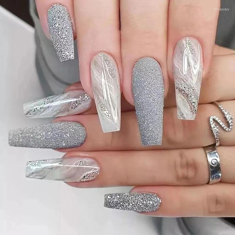 

False Nails 2022 Grey White Marbled Flash Detachable Manicure Wearable Press On French Temperament Fake Nail DIY Tools, No press glue
