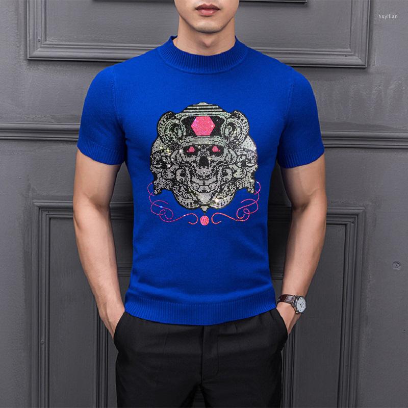 

Men's Sweaters 8 Colors Unique Diamond Design Men's Turtleneck Short-Sleeved Summer Slim Cashmere Knitted T-Shirt, As shown asian size