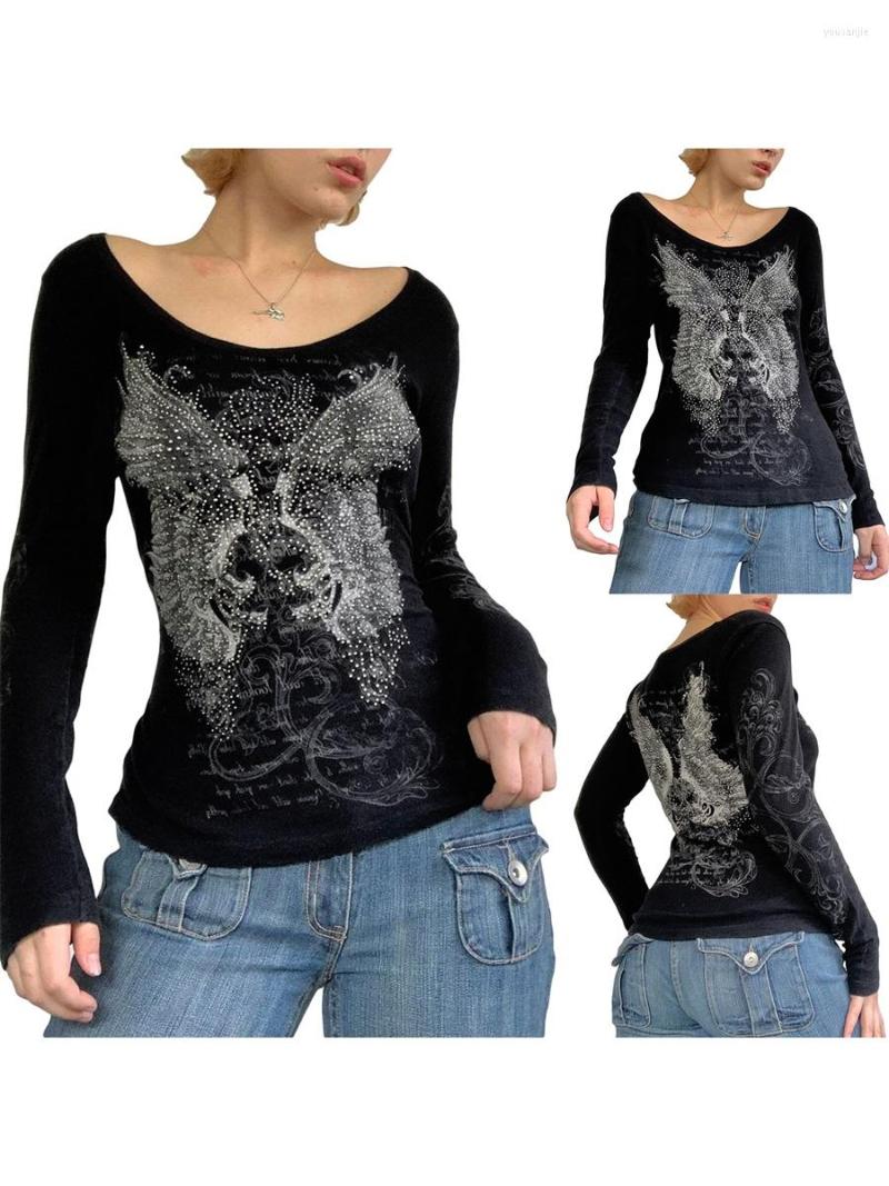 

Women' Blouses Women Trendy T-Shirt Rhinestones Scoop Neck Long Sleeve Regular Fit Casual Tops Streetwear For Females Black