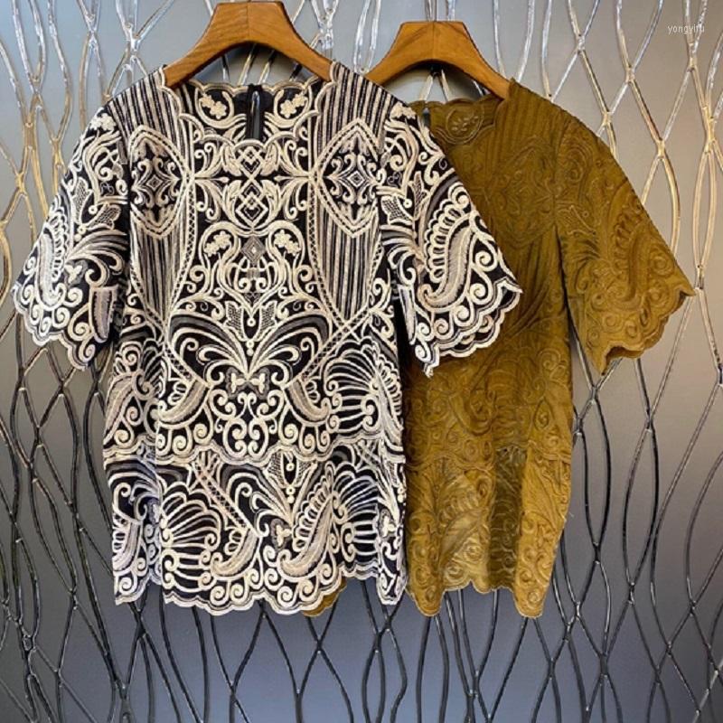 

Women's Blouses Blusas Feminino 2022 Spring Summer Fashion Black Khaki Tops Women Allover Exquisite Embroidery Short Sleeve Casual Vintage