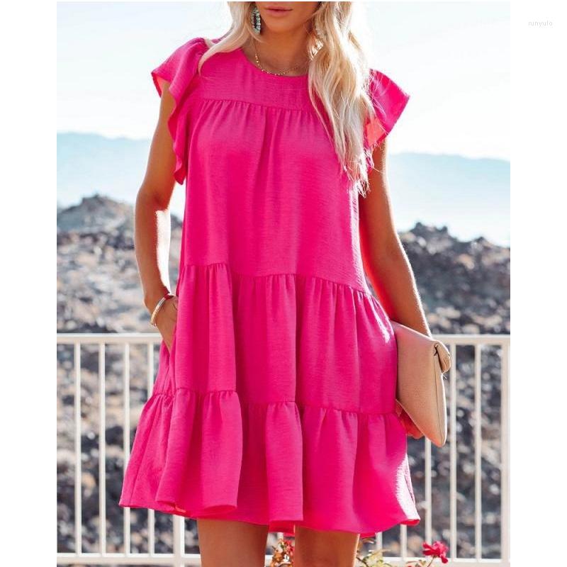 

Party Dresses Elegant Women Summer 2022 Folds Casual Beach Loose Waist Solid Color Short Flying Sleeves Pocket Mini Cake Dress, Red