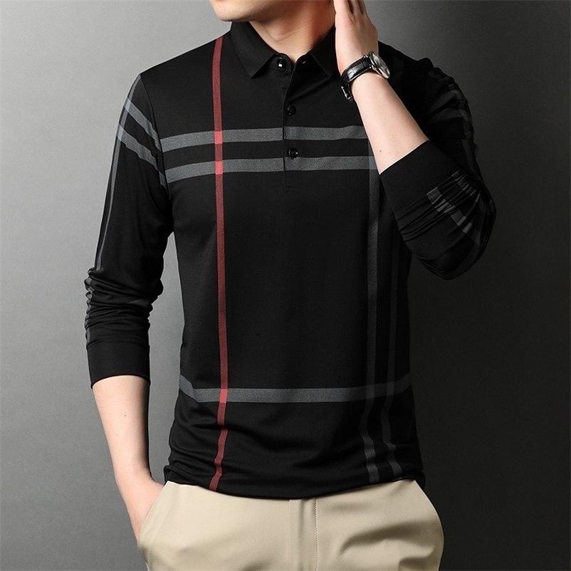 

Men's Polos High End Designer Fashion Brand Polo Shirt Men Black Striped Korean Top Quality Casual Long Sleeve Tops Men Clothes 221010, Blackish green