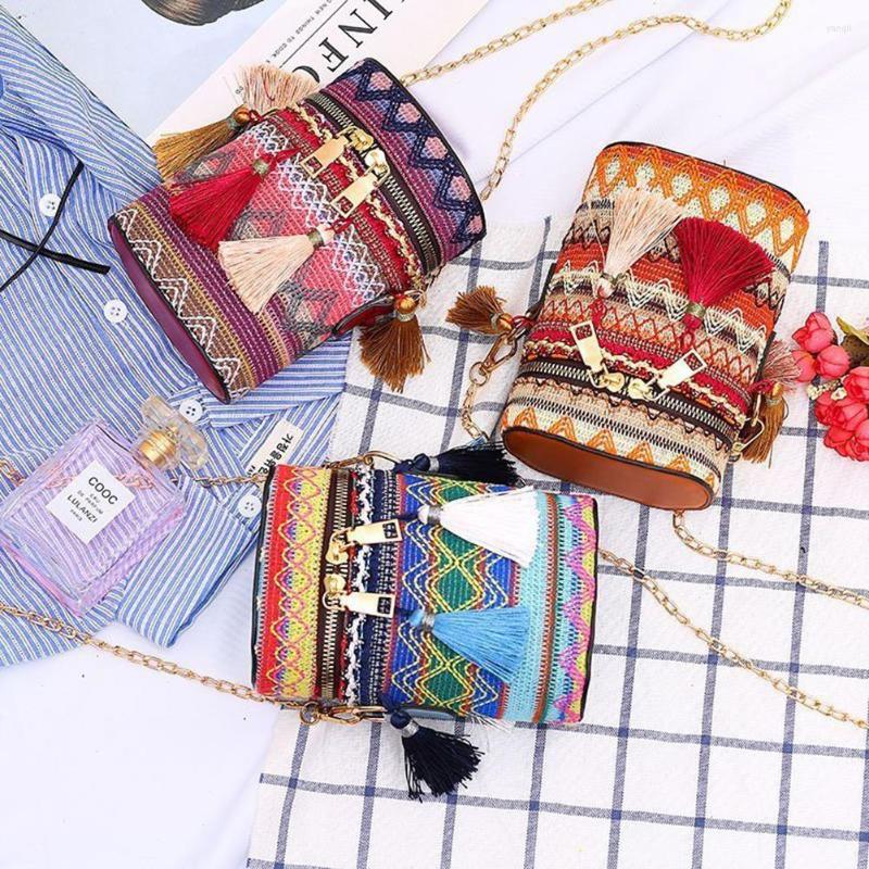 

Evening Bags Fashion Ethnic Style Shoulder Crossbody Bag For Women Tassel Woven Bucket Purse Vintage Messenger Holiday Handbag, Yellow
