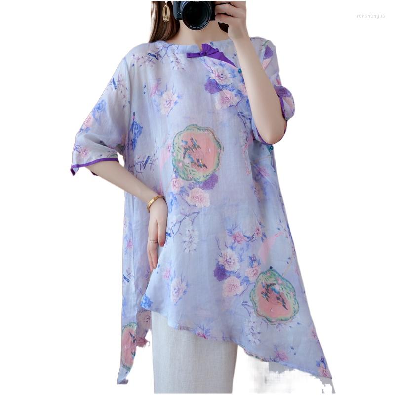 

Ethnic Clothing Chinese Style Women Shirts Stand Collar Casual Blouses 2022 Summer Loose Vintage Tops Brief Irregular Shirt V2100