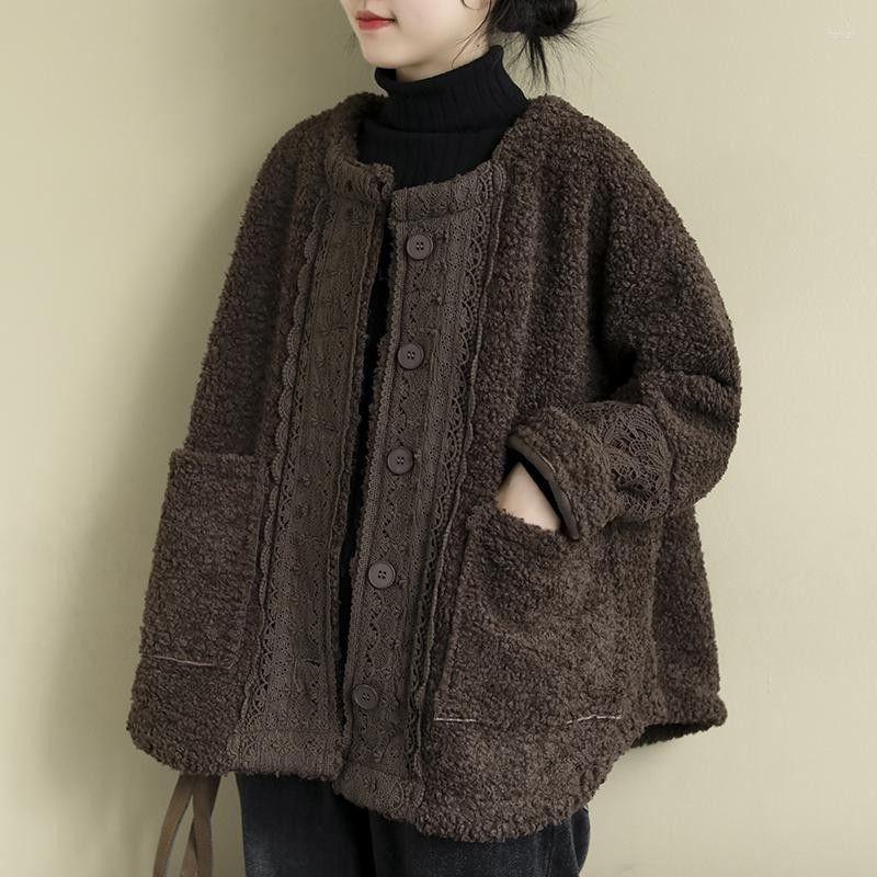 

Women's Trench Coats Autumn Winter Lamb Wool Coat Artsy Vintage Loose Elegant Casual Sweet Girls Keep Warm Luxury Lace All-Match Khaki