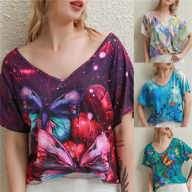

Women' T Shirts Women' Summer Fashion Butterfly Printed Short Sleeve V Neck Graphic Ladies Loose Casual Tops, Green