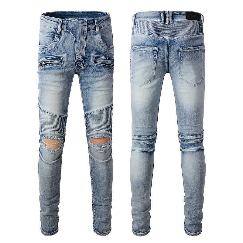 

Men Designer Jeans Big and Tall Trousers with Hole Denim for Man Skinny Rock Biker Slim Fit Blue Hip Hop Mens Buckle Long Straight Zipper, 917
