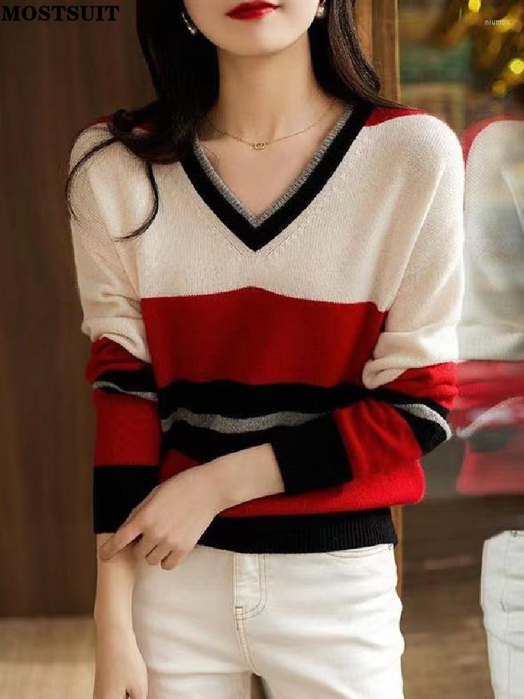 

Women's Sweaters V-neck Striped Knitted Sweater Pullover Women Casual Loose Long Sleeve Knitwear Tops Fashion Workwear Ladies Jumpers 2023, Red