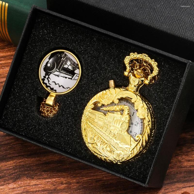 

Pocket Watches Vintage Hollowed Train Watch Quartz Movement Gold Pendant Chain Necklace Led Light Arabic Number Clock Reloj De Bolsillo, Watch gift set 2