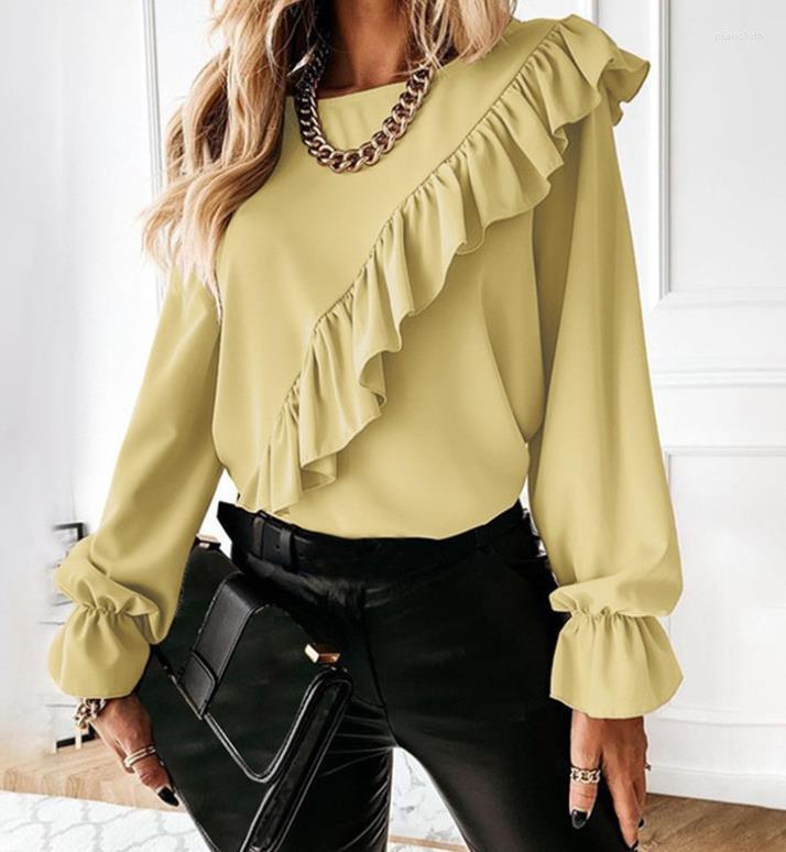 

Women' Blouses 2022 Autumn Women' Stitching Flared Sleeve Bottoming Top Solid Color Shirt, Beige