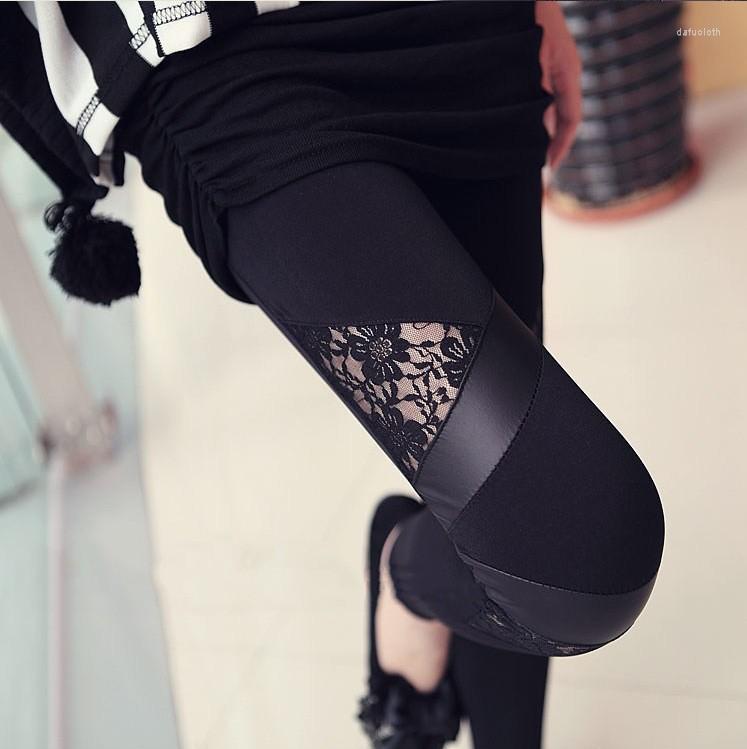 

Women's Leggings Fashion Leggins Triangular Floral Lace Fake Leather Pants Lady Sexy 9 Pant Skinny Stretch For Spring Autumn, Black