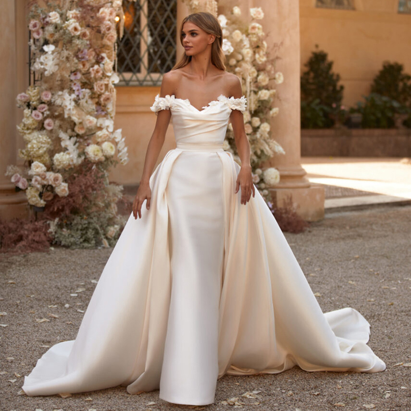 

Off the Shoulder Mermaid Wedding Dresses Bridal Gowns with Detachable Train Lace-up Back Satin Bride Dress for Women, Same as image