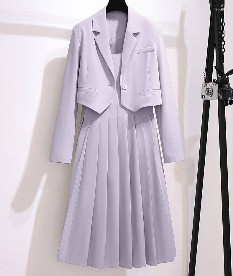 

Work Dresses 2022 Fall Two Piece Women Sets Blazer Dress Suits OL Straps A-line Pleated Female Korean Oversize Elegant Jacket Coats, Only dress