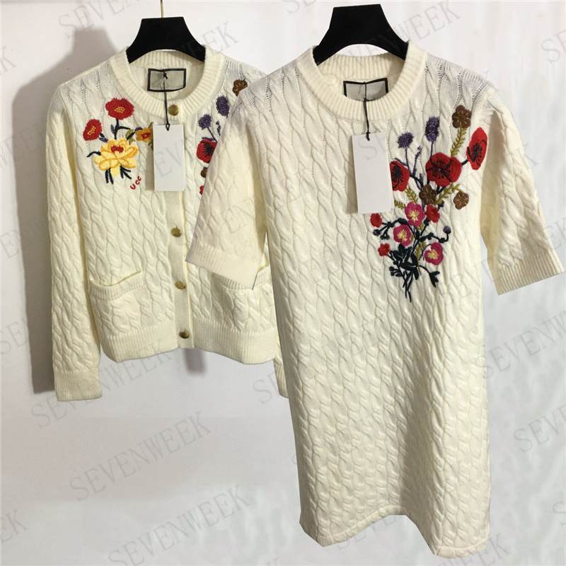 

Embroidered Flower Knit Cardigan Dresses For Women Luxury Designer Knitted Sweaters Short Sleeve Fashion Dress Party Wedding