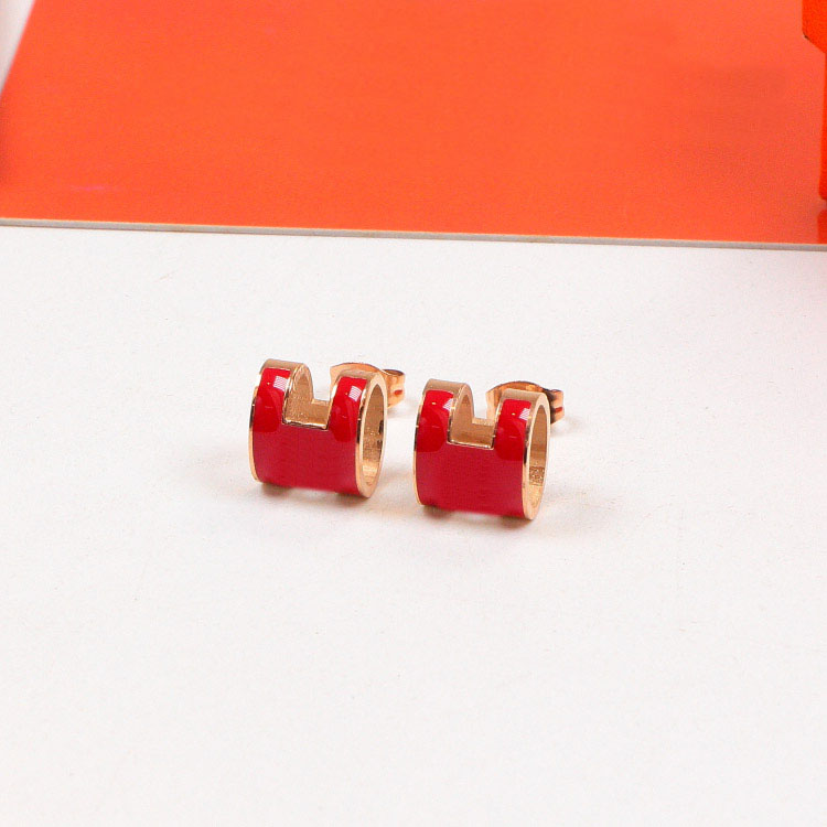 

Quality Luxury Stainless Steel Earring Stud Cute Clip on Enamel Earrings Gold H Design Classic Original Earrings Jewelry With Orange Dust bag