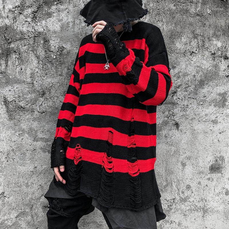 

Men's Sweaters Autumn Winter Men Ripped Hole Red Black Striped Punk Sweater Vintage Women Hip Hop Oversized Knitwear Pull Homme