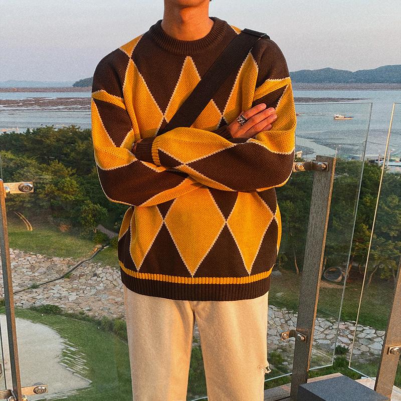 

Men's Sweaters Fashion Argyle Sweater Men Knitwear Thick Warm Knitted Pullover High Quality Mens Casual Loose Male Jumpers D175, Yellow