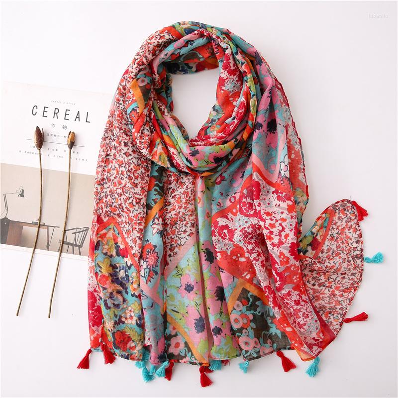 

Scarves Spring Summer Women Scarf Red Print Cotton Hijabs For Ladies Shawls And Wraps Beach Sunscreen Hijab