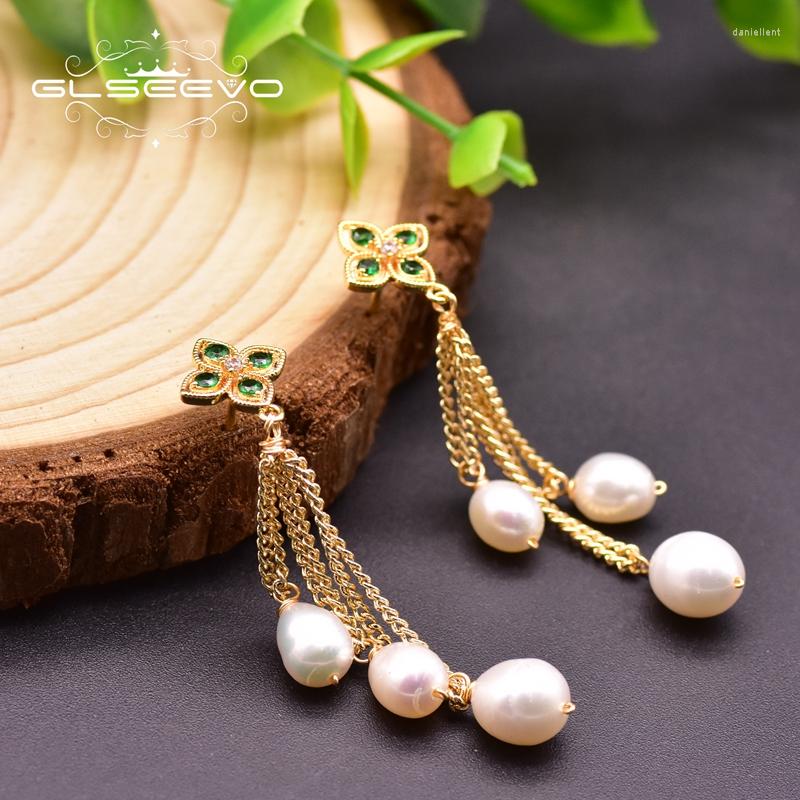 

Dangle Earrings GLSEEVO Natural Pearls Drop Green Zircon Bohemia Fashion Jewelry Ear Pin 925 Silver For Women Girls Party GE0932
