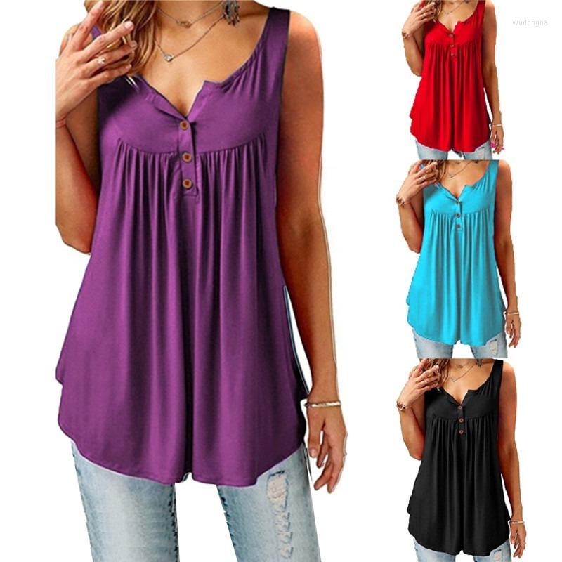 

Women' T Shirts Women Tank Top Solid U Neck Female Camisole Sleeveless Pleated Ladies Blouse Summer Loose Vest, Green blue