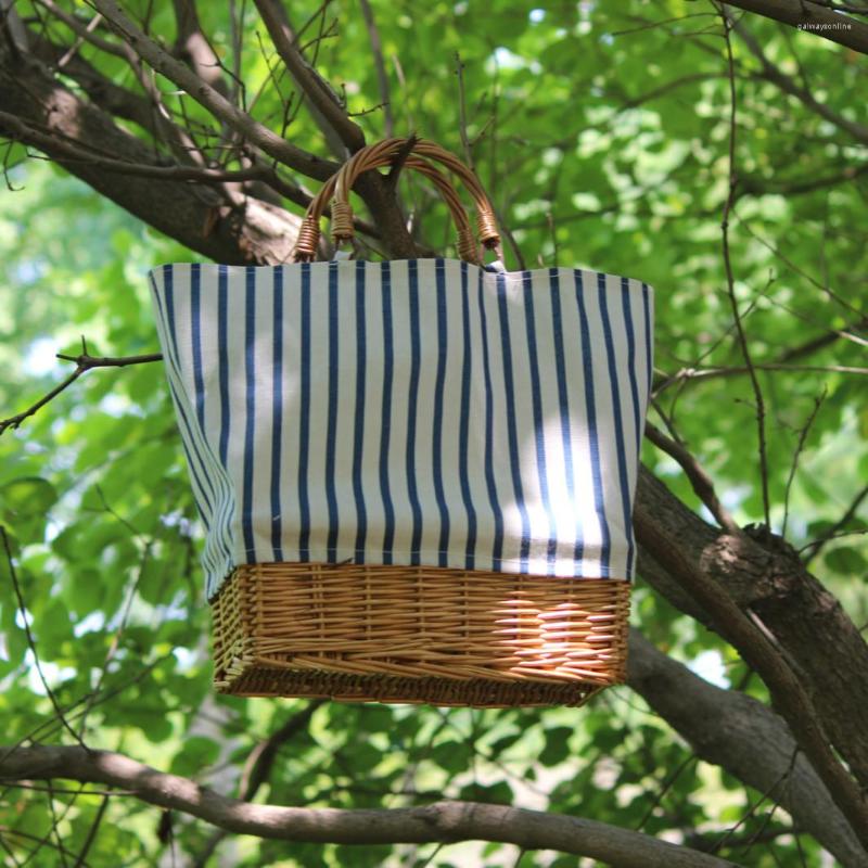 

Duffel Bags Straw Woven Bag Portable Canvas Rattan Patchwork Handbag, Blue stripe