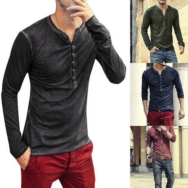 

Men' T Shirts 2022 Men Tee Shirt V-neck Long Sleeve Tee&Tops Stylish Slim Buttons T-shirt Autumn Casual Solid Male Clothing Plus Size 3XL, V-neck-black