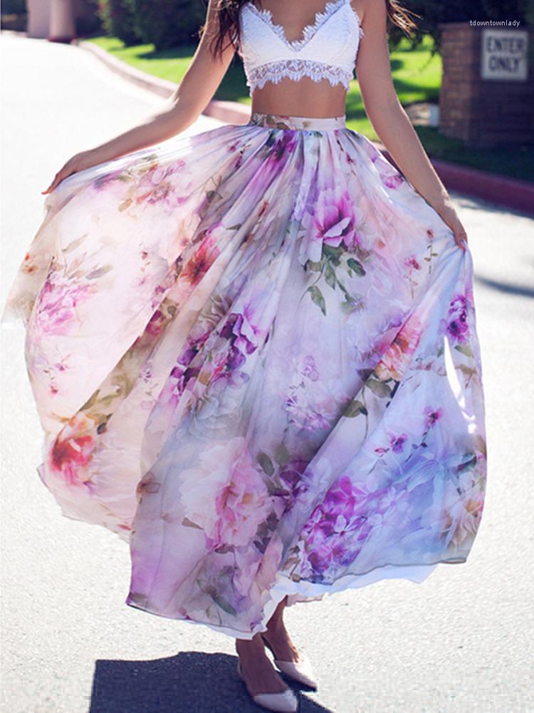 

Skirts Fashion Chiffon Boho Style Women' Floral Print Midi Skirt Ladies Holiday Summer Sun Faldas De Mujer, C as picture