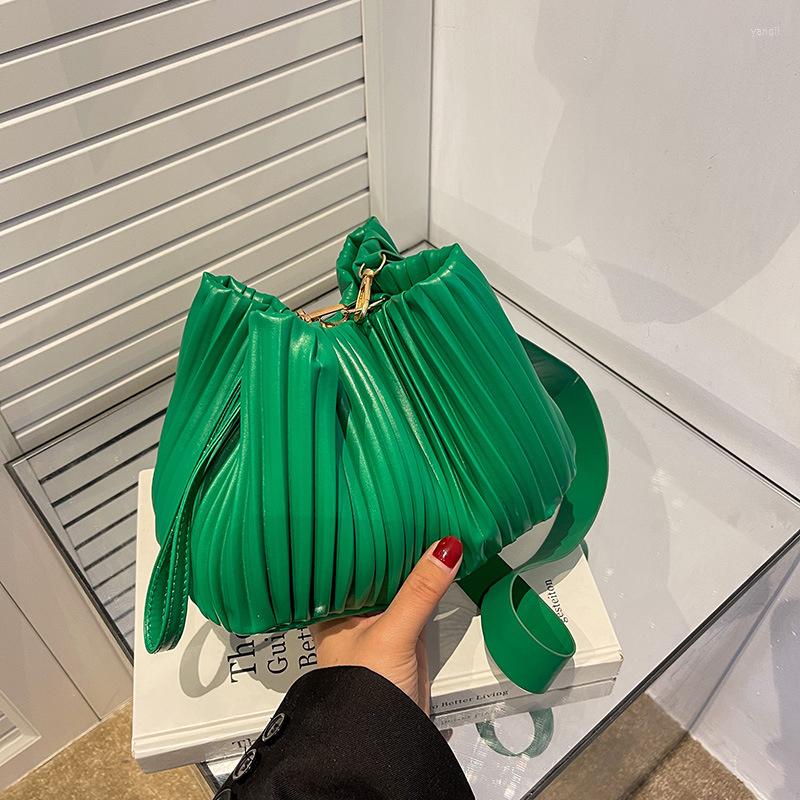 

Evening Bags Fashion Pleated Bucket Bag Female PU Leather Crossbody Summer Shoulder Casual Lady Handbag Bolsa, Green