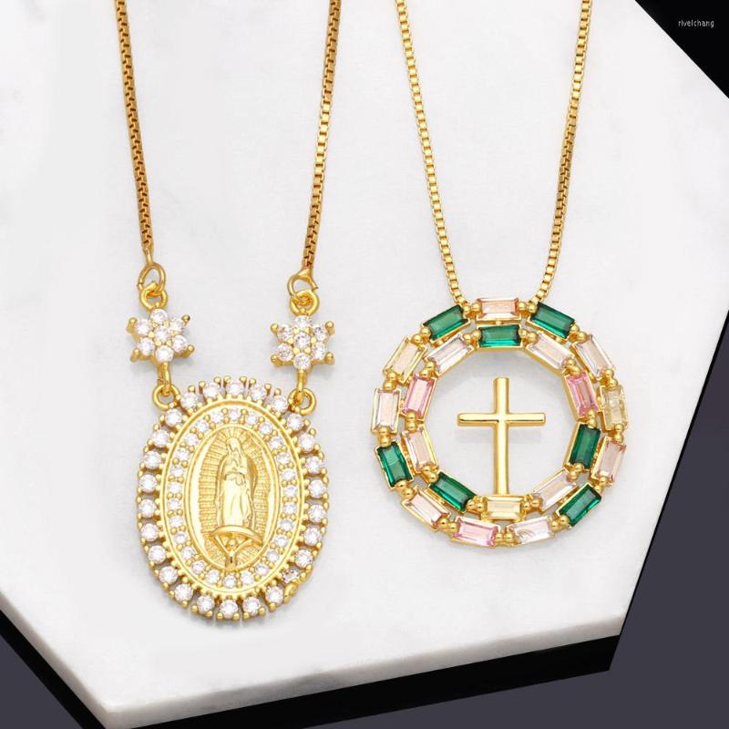 

Pendant Necklaces Copper Zircon Virgin Mary Necklace For Women Rainbow Crystal Gold Cross Catholic Amulet Jewelry Gifts Nkeb328