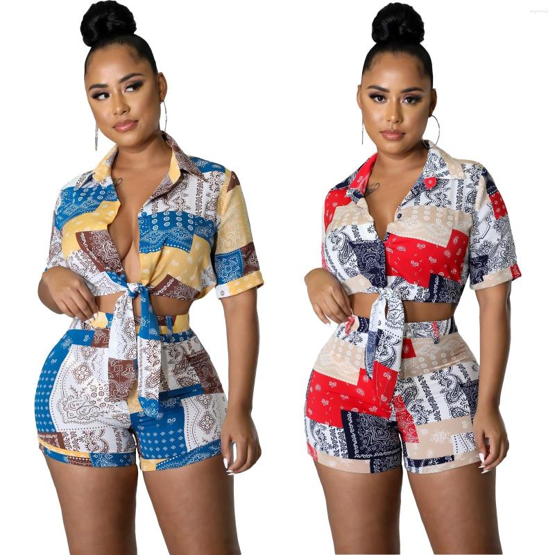 

Women' Tracksuits Sports Suit Women Elegant Two 2 Piece Set 2022 Summer Fashion Leisure Mini Shirt Shorts Matching Sets Printed Lace, Blue