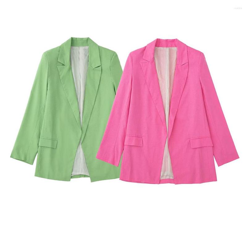 

Women's Suits Women's Summer 2022 Retro Fashion Chic Printed Cuff Linen Blazer Casual Lapel Long Sleeve Loose Pockets Solid Color Top, As shown