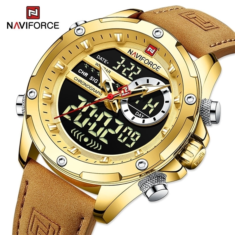 

Wristwatches NAVIFORCE Luxury Gold Watches For Men Casual Sports Chronograph Alarm Quartz Wrist Watch Leather Waterproof Digital Clock 9163 221010, Sgngn