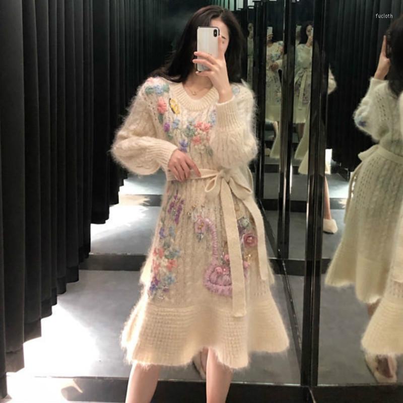 

Casual Dresses Women 2022 Spring Autumn Embroidery Long Sleeve Pullover Sweater Dress With Belt Female Ruffles Knit Vestido, Clear