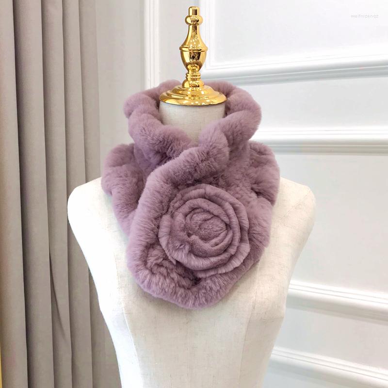 

Scarves Winter Women Knitted Real Rex Fur Scarf Warm Soft Muffler With Rose Flower