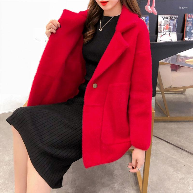 

Women' Knits Women Imitation Mink Cashmere Coat Autumn Winter Korean Loose Super Soft Candy Color Sweater Female Knit Cardigan Thick, Black