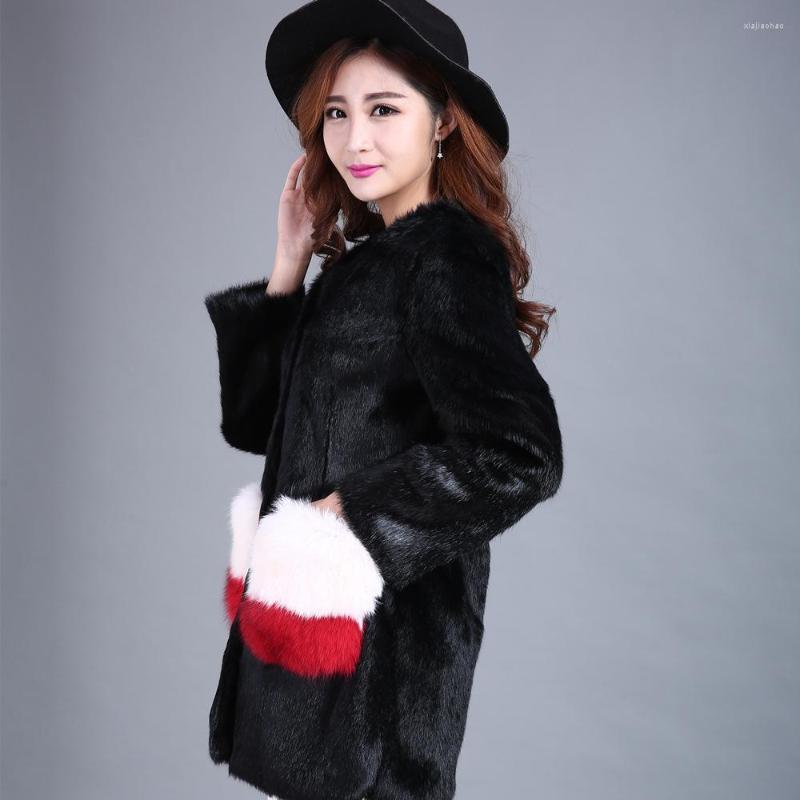 

Women' Fur Real 2022 Models Fashion Collocation Hair Pocket Coat Woman 22, Black