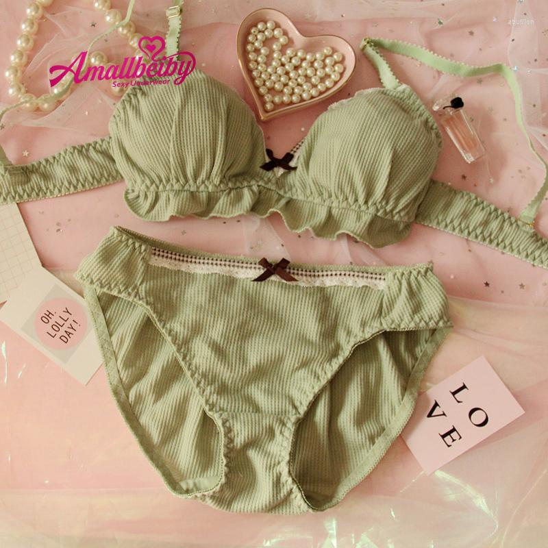 

Bras Sets Japanese Lolita Underwear Bra Set Young Girl Cotton Comfortable Wireless And Panties Cute & Lingerie, Green