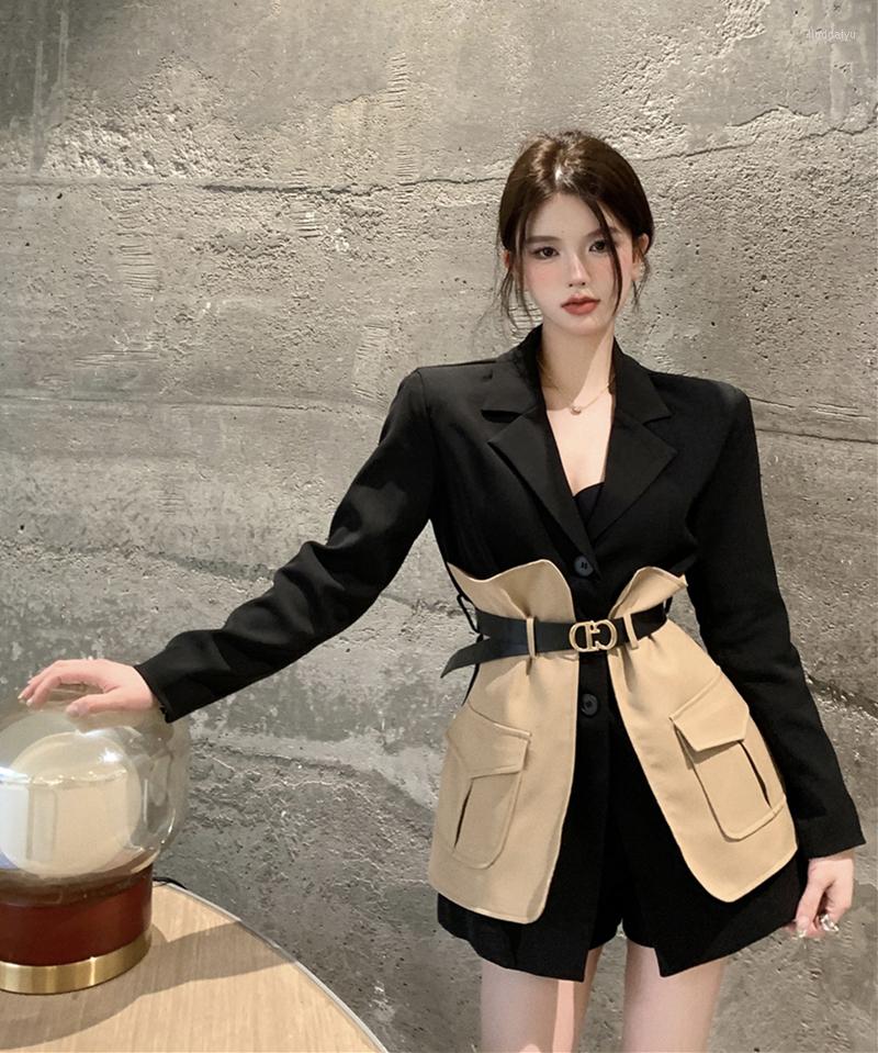 

Women' Suits Retro Stitching Temperament Suit Jacket Women' Autumn 2022 Slim Elegant Design Korean Style Fashion Female Clothes, Black