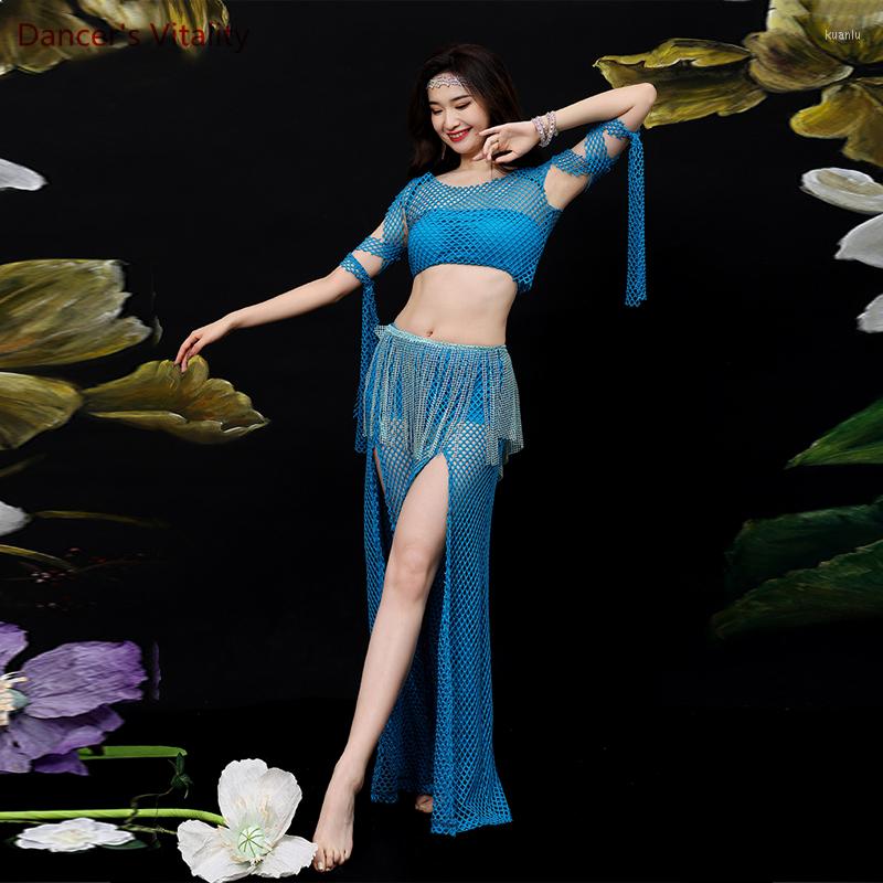 

Stage Wear Belly Dance Costume Set Sexy Hollow Out Sleeves Top Split Trousers 2pcs For Women Dancing Performance Suit Practice Outfit, Blue