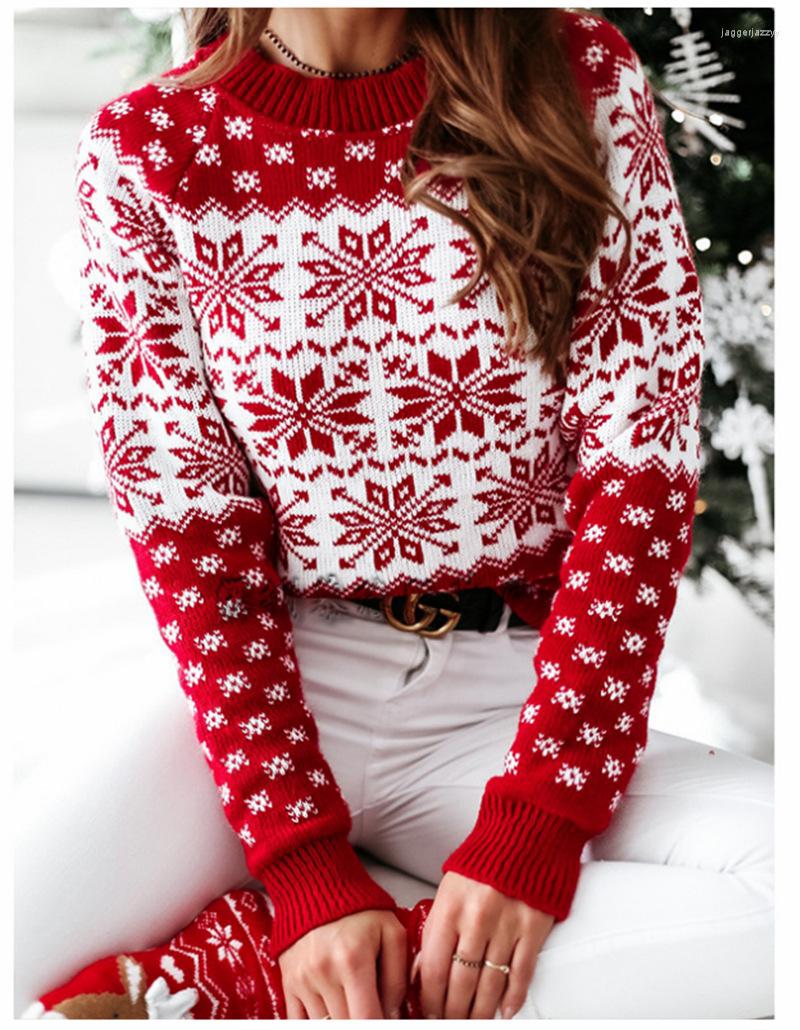 

Women' Sweaters Christmas Sweater Female Snowflake Amazon Knitted Loose Long Sleeve Pullover Round Neck For Women, Red
