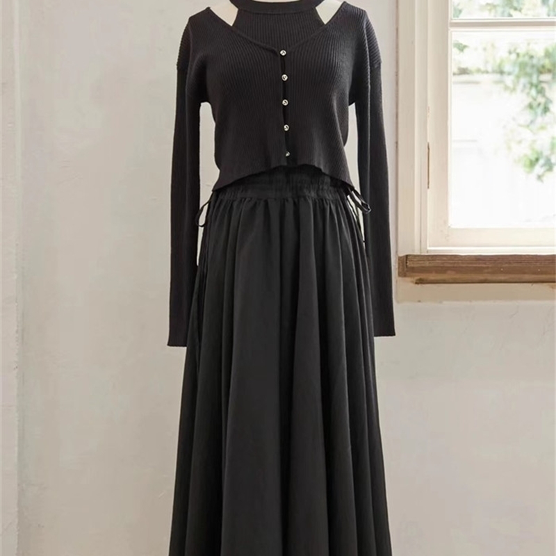 

Two Piece Dress Kuzuwata Double sided Waist Lace Up Knit Patchwork V Neck Long Sleeve Single Breasted Slim Cardigan Sets 221010, Black